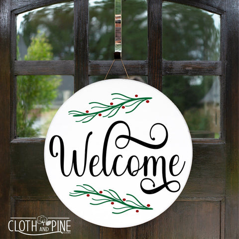 Christmas Welcome Sign with Evergreen Branch and Berries SVG Cloth and Pine Designs 