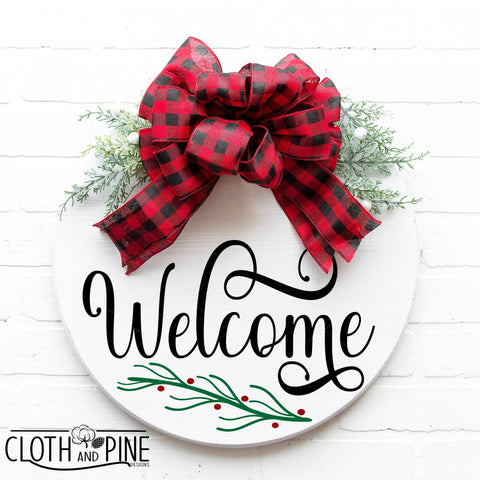 Christmas Welcome Sign with Evergreen Branch and Berries SVG Cloth and Pine Designs 