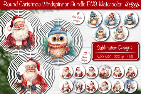 Christmas wind spinner Bundle Santa Wind spinner, Owl Sublimation Vintage Retro Sublimation Createya Design 