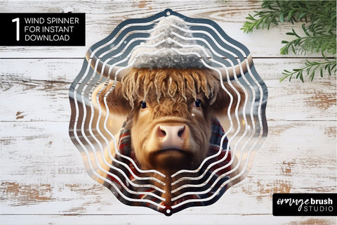 Christmas Wind Spinner Sublimation Highland Cow Round PNG Sublimation OrangeBrushStudio 