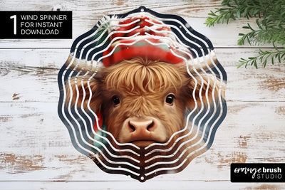 Christmas Wind Spinner Sublimation Highland Cow Round PNG Sublimation OrangeBrushStudio 
