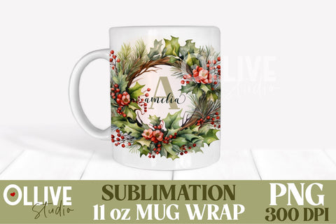 Christmas Wreath Mug 11oz Wrap Sublimation PNG SVG Ollive Studio 