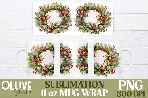 Christmas Wreath Mug 11oz Wrap Sublimation PNG SVG Ollive Studio 