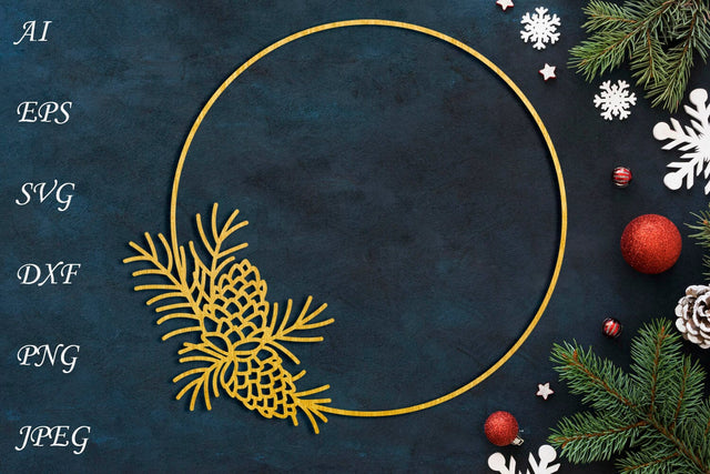 Christmas wreath with pine cone svg, Holiday round frame papercut SVG AnastasiyaArtDesign 