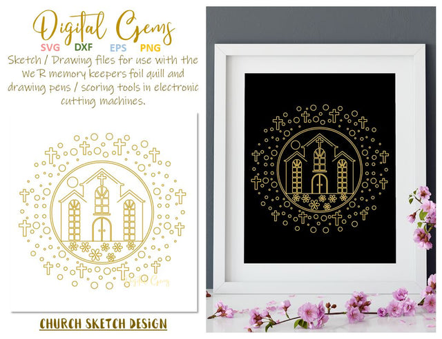 Church, single line sketch / drawing file. Foil quill design. SVG Digital Gems 