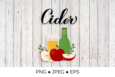 Cider calligraphy lettering. Apple, pear, bottle and glass of beverage Sublimation LaBelezoka 