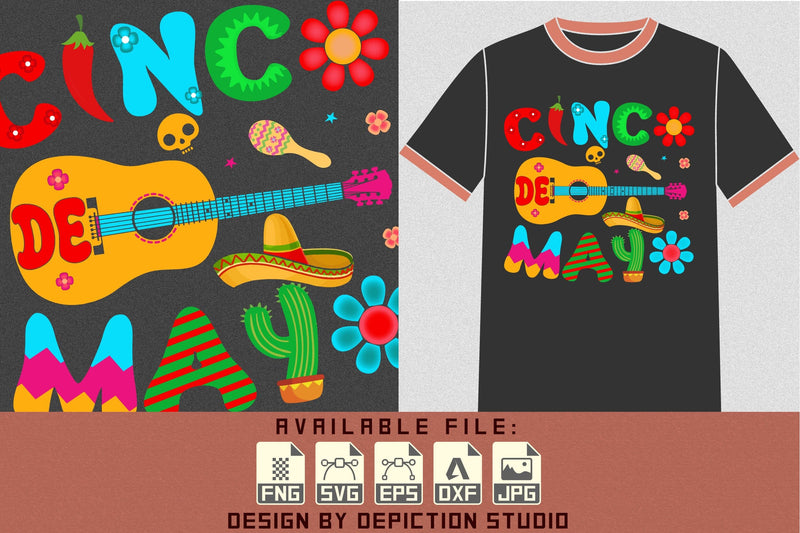 Cinco De Mayo Guitar T-Shirt, Happy Cinco De Mayo Shirt, Cinco De Mayo Hat, Flower Shirt Print Template Sketch DESIGN Depiction Studio 