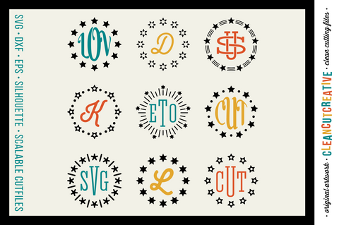 Circle Monogram Star Frames - 4th of July monogram frames - set of 9 designs SVG CleanCutCreative 