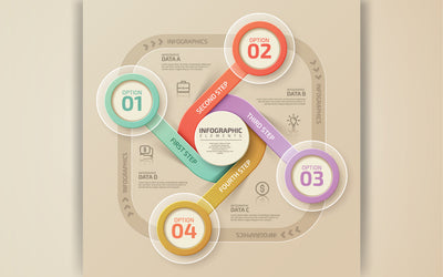 Circular diagram, 4 connected round gradient colored elements with numbers, thin line icons, and text boxes. SVG naemmiah021 