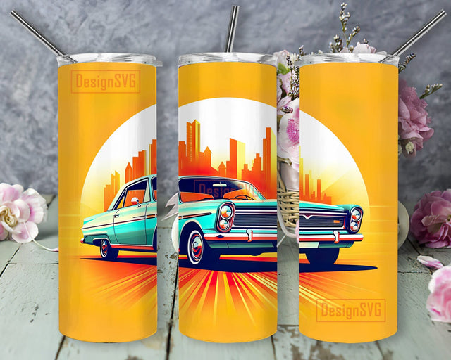 Classic Car 20oz Skinny Tumbler Png, Miami Street, Colorful Shades Tumbler, Retro Beach Palm Tree Classic Car Tumbler Wrap Design, Vintage American Muscle Car Png Sublimation DesignSVG 