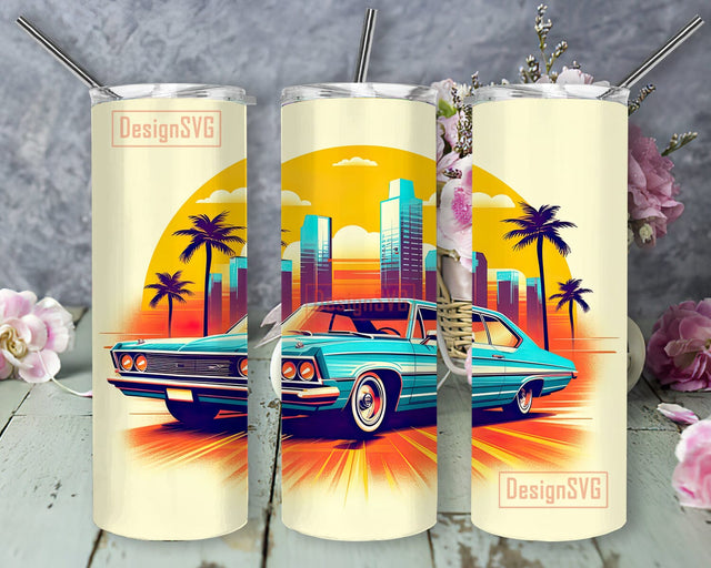 Classic Car 20oz Skinny Tumbler Png, Miami Street, Colorful Shades Tumbler, Retro Beach Palm Tree Classic Car Tumbler Wrap Design, Vintage American Muscle Car Png Sublimation DesignSVG 