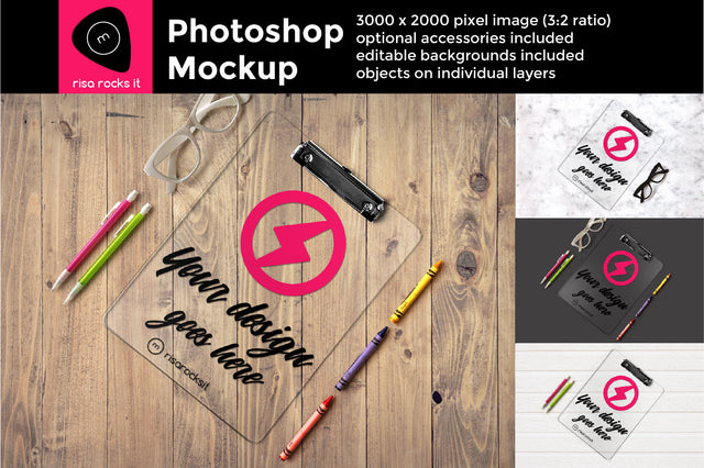 Clear Clipboard Flat Lay Layered PSD Photoshop Product Mockup Mock Up Photo Risa Rocks It 