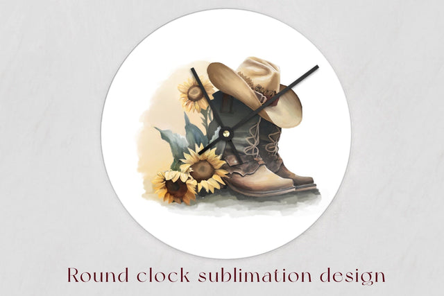 Clock face sublimation design. Cowboy boots and hat PNG Sublimation Angelina Semenova 