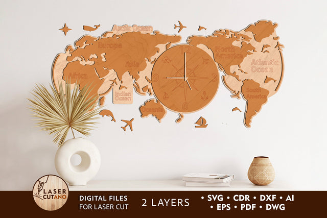 Clock World Map Wooden Wall Art Decoration Cut Template SVG LaserCutano 