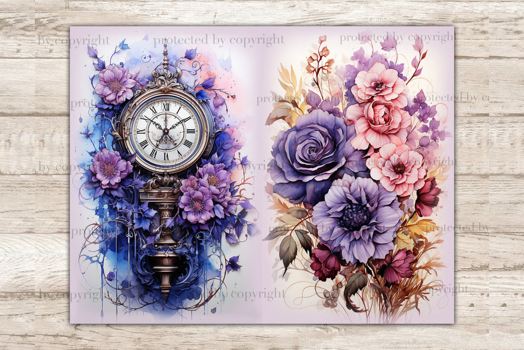 Journal Clock Sticker Clocks Journal Printable | Flowers Junk Journal Paper - So Fontsy