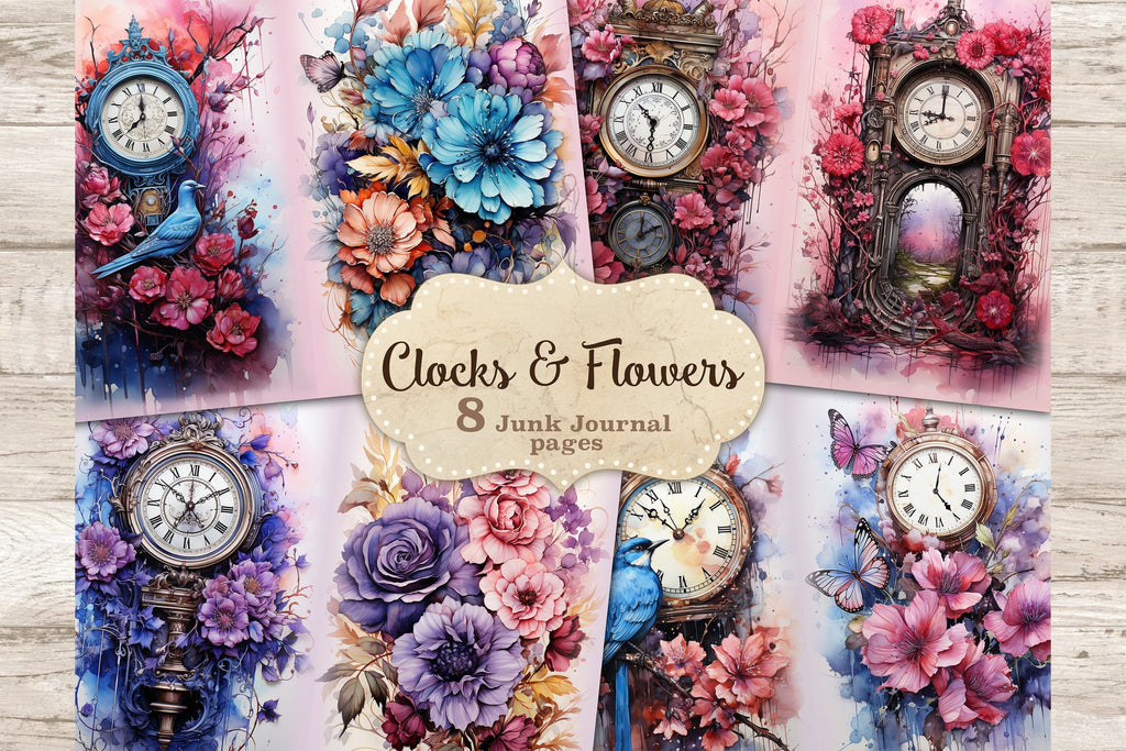 Journal Clock Sticker Clocks Journal Printable | Flowers Junk Journal Paper - So Fontsy