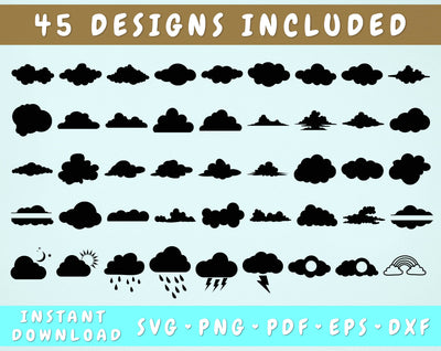Clouds SVG Bundle - 45 Designs, Cloud Monogram SVG, Clouds With Rainbow SVG, Clouds With Rain SVG, Cloud With Lightning SVG HappyDesignStudio 