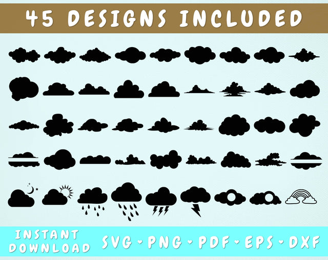 Clouds SVG Bundle - 45 Designs, Cloud Monogram SVG, Clouds With Rainbow SVG, Clouds With Rain SVG, Cloud With Lightning SVG HappyDesignStudio 