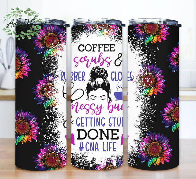 CNA Life 20oz Skinny Tumbler Png, Rainbow Sunflower Tumbler, Messy Bun, CNA Life Messy Bun Tumbler, Mother's Day Tumbler Sublimation AdriOP 
