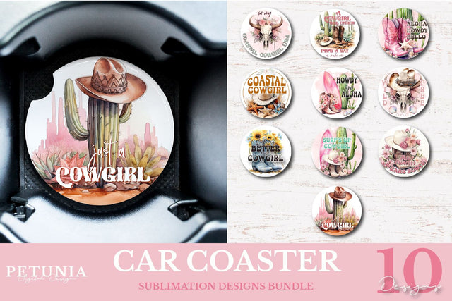 Coastal Cowgirl PNG | Car Coaster Sublimation Bundle Sublimation Petunia Digital Design 
