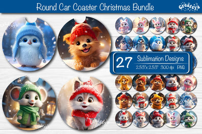 Coaster Christmas Sublimation Bundle Round coaster Sublimation design Christmas Animal, Baby Animals PNG Sublimation Createya Design 