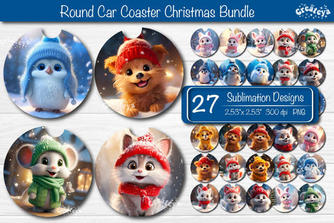 Coaster Christmas Sublimation Bundle Round coaster Sublimation design Christmas Animal, Baby Animals PNG Sublimation Createya Design 