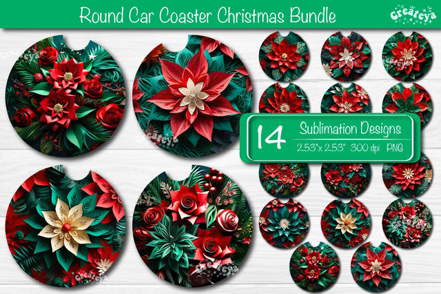 Coaster Christmas Sublimation Bundle Round Coaster Sublimation design Christmas Flower, 3d Flower PNG Sublimation Createya Design 