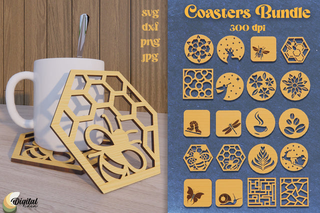Coaster Laser Cut Bundle. Kitchen Decor SVG. Home Laser Cut. SVG Evgenyia Guschina 