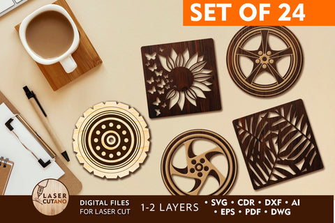 COASTERS Bundle Templates For Laser Cutting Wood and Paper Cut SVG LaserCutano 