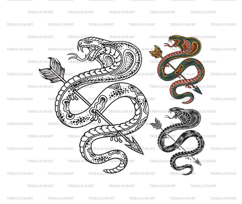 Cobra Snake pierced with an Arrow. Old School Style Tattoo. SVG TribaliumArtSF 