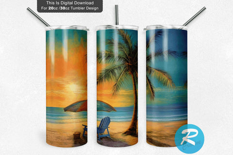 Coconut tree Beach Umbrella 20 Oz / 30 Oz Tumbler PNG Sublimation Regulrcrative 