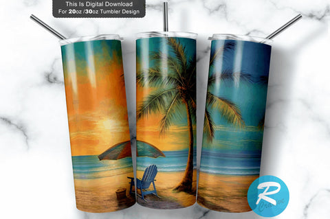 Coconut tree Beach Umbrella 20 Oz / 30 Oz Tumbler PNG Sublimation Regulrcrative 