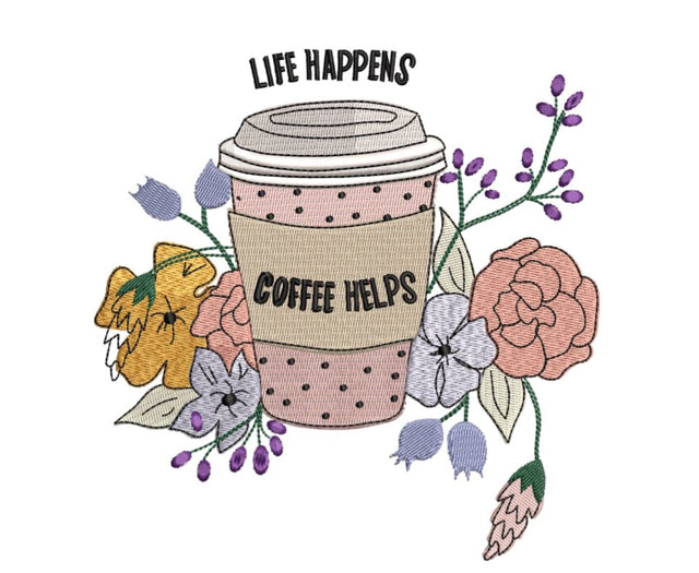 Coffee Cup and Flowers Machine Embroidery Design Embroidery/Applique DESIGNS Canada Embroidery 