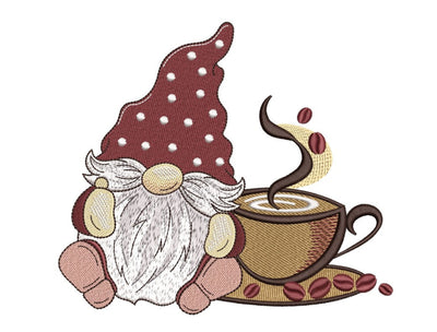 Coffee Gnome Embroidery Design, 4 sizes, Instant Download Embroidery/Applique DESIGNS Nino Nadaraia 