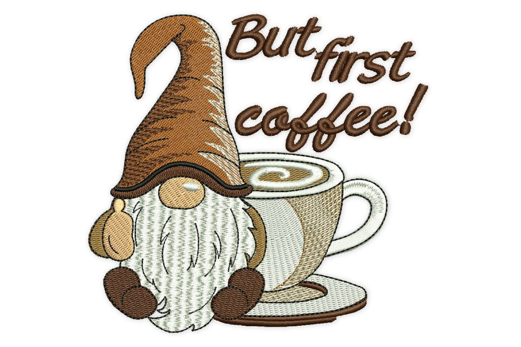 Coffee Gnome Embroidery Design, But First Coffee Embroidery Design ...