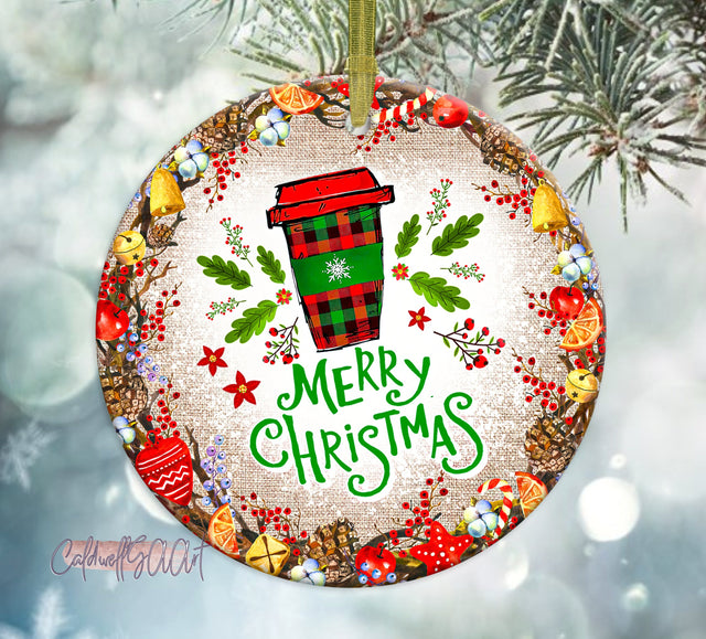 Coffee Lover Christmas Ornament Sublimation Design Farmhouse Round Coffee Wood Slice Ornament Png Instant Download Sublimation CaldwellArt 