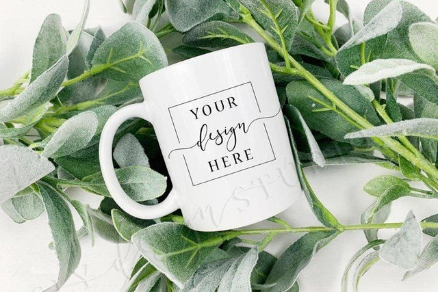 Coffee Mug Mock Up White Simple Sublimation With Plants SVG Sly Design Studio 