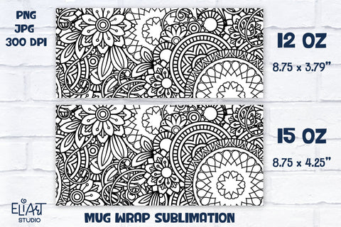 Coffee Mug PNG, Full Mug Wrap PNG Sublimation, Flower Mandala Mug Sublimation Design. Sublimation Elinorka 