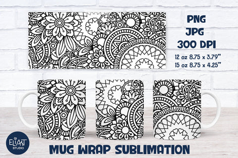 Coffee Mug PNG, Full Mug Wrap PNG Sublimation, Flower Mandala Mug Sublimation Design. Sublimation Elinorka 