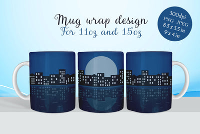 Coffee mug wrap, Night city landscape png Sublimation LuckyTurtleArt 