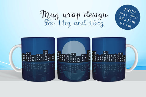 Coffee mug wrap, Night city landscape png Sublimation LuckyTurtleArt 