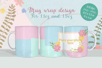 Coffee mug wrap - Spring flowers photo frame png Sublimation LuckyTurtleArt 