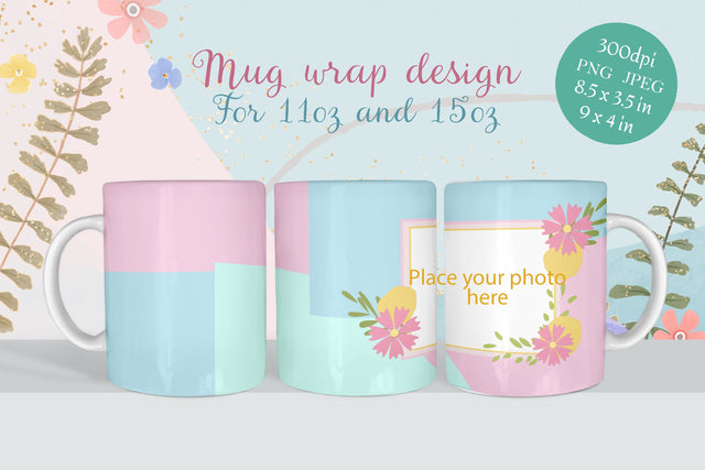 Coffee mug wrap - Spring flowers photo frame png Sublimation LuckyTurtleArt 