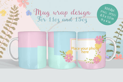 Coffee mug wrap - Spring flowers photo frame png Sublimation LuckyTurtleArt 