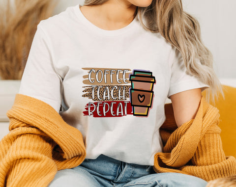Coffee Teach Repeat PNG, Teacher Design For Sublimation Sublimation HappyDesignStudio 