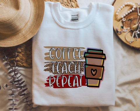 Coffee Teach Repeat PNG, Teacher Design For Sublimation Sublimation HappyDesignStudio 