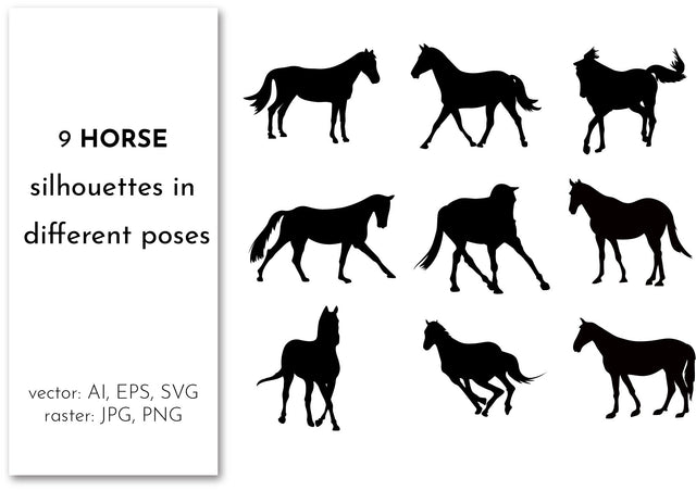 Collection of black silhouette of horses in various poses SVG Angelina Semenova 
