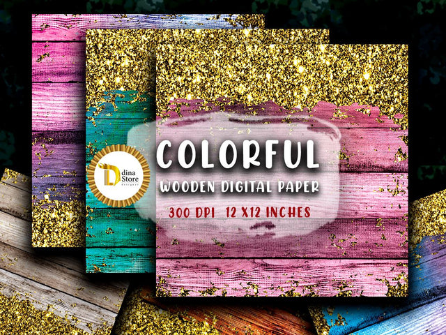 Coloful Wooden Digital Paper & Gold glitter Sublimation Dina.store4art 