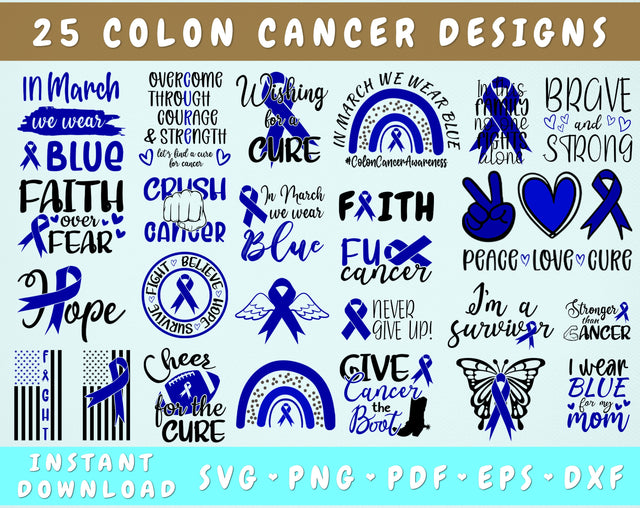 Colon Cancer Awareness SVG Bundle, 25 Bundle, Colon Cancer Ribbon SVG, Blue Cancer Ribbon SVG SVG HappyDesignStudio 