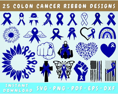 Colon Cancer Ribbon SVG Bundle, 25 Designs, Colon Cancer Clipart, Dark Blue Cancer Ribbon SVG, Colon Cancer PNG Files, Colon Cancer Sunflower SVG SVG HappyDesignStudio 
